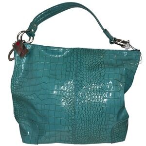 Penelope Ann Teal Croc Embossed Faux Leather Hobo Bag Shoulder Purse Glossy